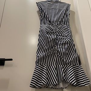 Navy blue & white pinstripe body tapering button down dress with ruching detail